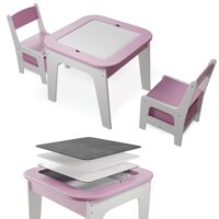 Masă de joacă Milou cu două scaune | Juskys | Roz | Masă de joacă pentru copii cu spațiu de depozitare și sertare