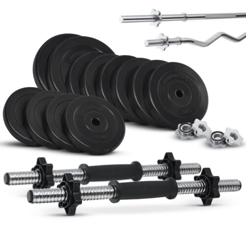 Set gantere 3 în 1 60 kg | Juskys | Set complet: Haltere scurte, lungi și pentru curl cu greutăți și mânere antiderapante