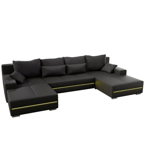Canapea Malbun cu iluminare LED | Juskys | Gri deschis | Canapea modulară mare în formă de U cu funcție de dormit