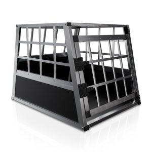 Cușcă pentru câini auto | Juskys | M | Cutie de transport pentru câini din aluminiu, pentru portbagaj sau bancheta din spate