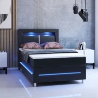 pat cu somieră norfolk piele ecologică | juskys | negru | 120 x 200 cm | cadru de pat cu saltea cu arcuri, topper și iluminare led Pat modern negru cu iluminare LED albastră