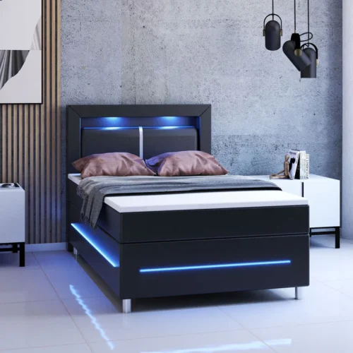 pat cu somieră norfolk piele ecologică | juskys | negru | 120 x 200 cm | cadru de pat cu saltea cu arcuri, topper și iluminare led Pat modern negru cu iluminare LED albastră