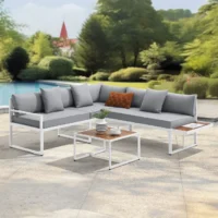 Mobilier de grădină St. Tropez | Juskys | Alb | Salon de grădină pentru 4 persoane cu masă și 2 bănci