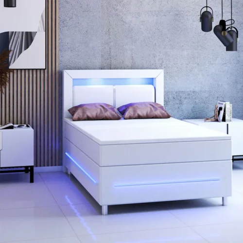 pat box spring norfolk piele ecologică | juskys | alb | 120 x 200 cm | cadru de pat cu saltea cu arcuri, topper și iluminare led Pat modern alb cu iluminare LED albastră