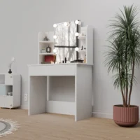Masă de toaletă Zoey | Juskys | Iluminare LED | Masă de toaletă albă cu oglindă mare și mult spațiu de depozitare