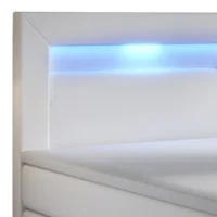 pat box spring norfolk piele ecologică | juskys | alb | 120 x 200 cm | cadru de pat cu saltea cu arcuri, topper și iluminare led Tăblie de pat albă cu iluminare LED albastră