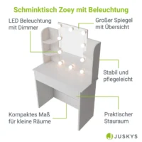 Masă de toaletă Zoey | Juskys | Iluminare LED | Masă de toaletă albă cu oglindă mare și mult spațiu de depozitare