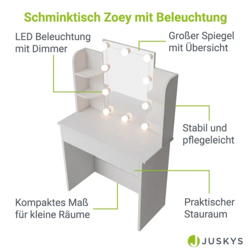 Masă de toaletă Zoey | Juskys | Iluminare LED | Masă de toaletă albă cu oglindă mare și mult spațiu de depozitare