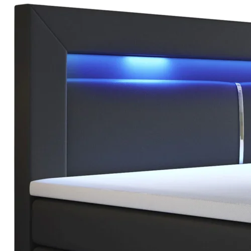 pat cu somieră norfolk piele ecologică | juskys | negru | 120 x 200 cm | cadru de pat cu saltea cu arcuri, topper și iluminare led Tăblie pat modernă cu iluminare LED albastră