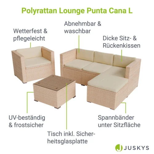 Set lounge poliratan bej cu masă și perne