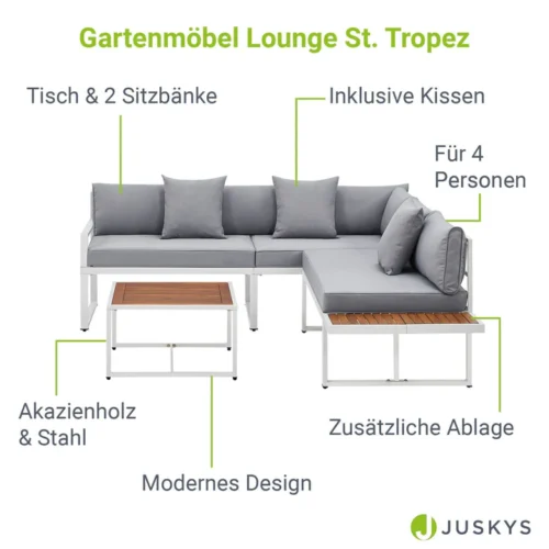 Mobilier de grădină St. Tropez | Juskys | Alb | Salon de grădină pentru 4 persoane cu masă și 2 bănci