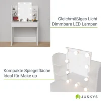 Masă de toaletă Zoey | Juskys | Iluminare LED | Masă de toaletă albă cu oglindă mare și mult spațiu de depozitare