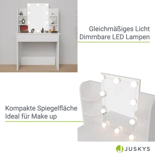 Masă de toaletă Zoey | Juskys | Iluminare LED | Masă de toaletă albă cu oglindă mare și mult spațiu de depozitare