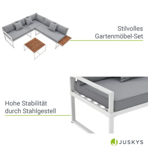 Mobilier de grădină St. Tropez | Juskys | Alb | Salon de grădină pentru 4 persoane cu masă și 2 bănci