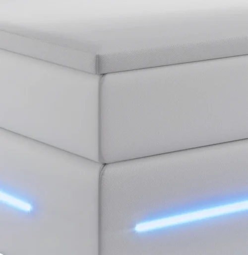 pat box spring norfolk piele ecologică | juskys | alb | 120 x 200 cm | cadru de pat cu saltea cu arcuri, topper și iluminare led Colț tapițat alb cu iluminare LED albastră