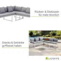Mobilier de grădină St. Tropez | Juskys | Alb | Salon de grădină pentru 4 persoane cu masă și 2 bănci