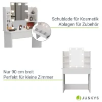 Masă de toaletă Zoey | Juskys | Iluminare LED | Masă de toaletă albă cu oglindă mare și mult spațiu de depozitare