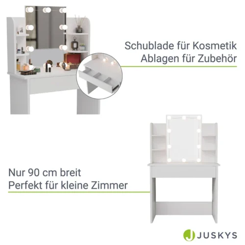 Masă de toaletă Zoey | Juskys | Iluminare LED | Masă de toaletă albă cu oglindă mare și mult spațiu de depozitare