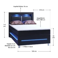 pat cu somieră norfolk piele ecologică | juskys | negru | 120 x 200 cm | cadru de pat cu saltea cu arcuri, topper și iluminare led Pat modern cu LED și dimensiuni marcate