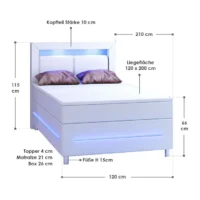 pat box spring norfolk piele ecologică | juskys | alb | 120 x 200 cm | cadru de pat cu saltea cu arcuri, topper și iluminare led Pat tapitat alb cu iluminare LED albastră