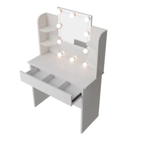 Masă de toaletă Zoey | Juskys | Iluminare LED | Masă de toaletă albă cu oglindă mare și mult spațiu de depozitare