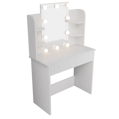 Masă de toaletă Zoey | Juskys | Iluminare LED | Masă de toaletă albă cu oglindă mare și mult spațiu de depozitare