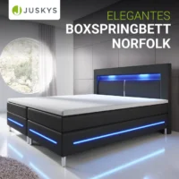 pat cu somieră norfolk piele ecologică | juskys | negru | 140 x 200 cm | cadru de pat cu saltea cu arcuri, topper și iluminare led Pat boxspring modern cu iluminare LED albastră