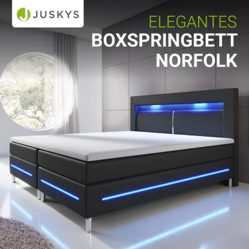 Pat boxspring negru cu iluminare LED albastră