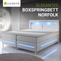 pat cu somieră norfolk piele ecologică | juskys | alb | 180 x 200 cm | cadru de pat cu saltea cu arcuri, topper și iluminare led Pat boxspring alb cu iluminare LED albastră