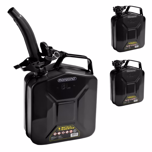 Set de 3 canistre metalice, negre, câte 5 litri + cioc de scurgere