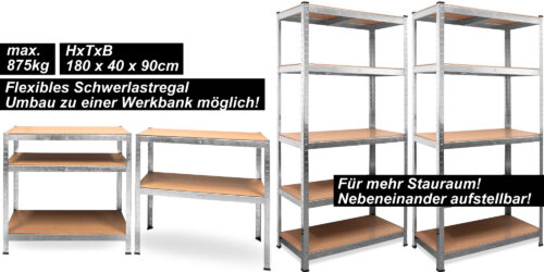 Rafturi galvanizate pentru sarcini grele 180x90x40cm, capacitate portantă 875kg