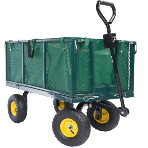 Cărucior de transport 550 kg verde 110x75x52 cm cu 4 anvelope pneumatice și prelată