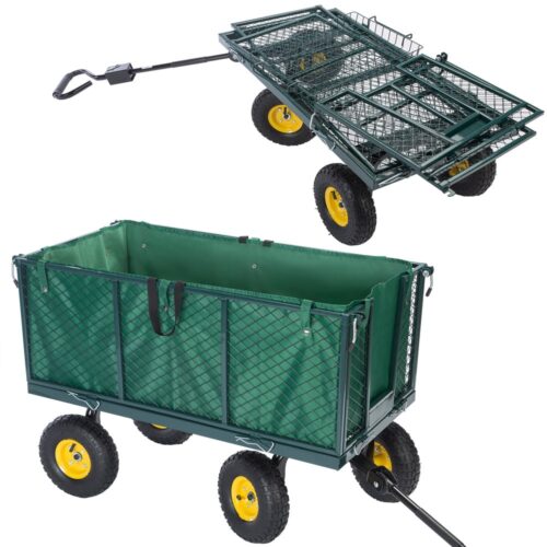 Cărucior de transport 550 kg verde 110x75x52 cm cu 4 anvelope pneumatice și prelată