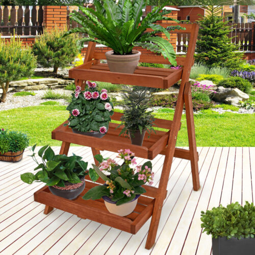 Suport pentru plante 79x56x59cm, 3 trepte, din lemn de salcâm, certificat FSC®