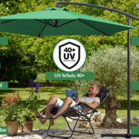 Umbrelă de soare cantilever verde Ø330cm aluminiu UV 50+ și bază transversală