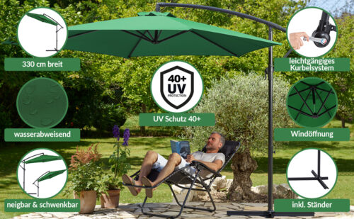 Umbrelă de soare cantilever verde Ø330cm aluminiu UV 50+ și bază transversală