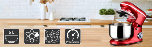 Kitchen wooden table top and kitchen blur background interior style scandinavian Robot de bucătărie Elegance Roșu 1200W 6L