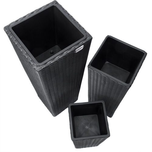 Set 3 ghivece de flori din poliratan, negru