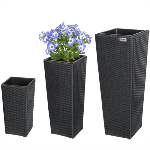 Set 3 ghivece de flori din poliratan, negru