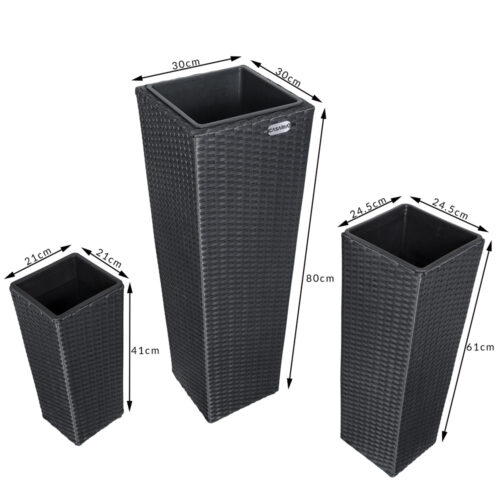Set 3 ghivece de flori din poliratan, negru