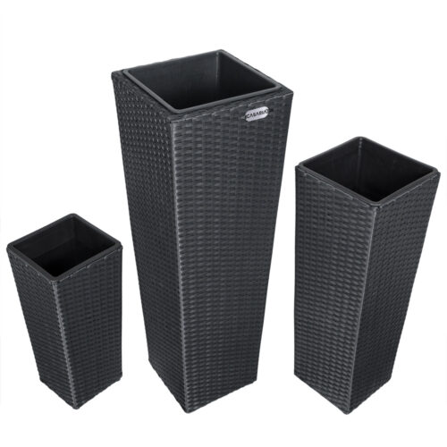 Set 3 ghivece de flori din poliratan, negru