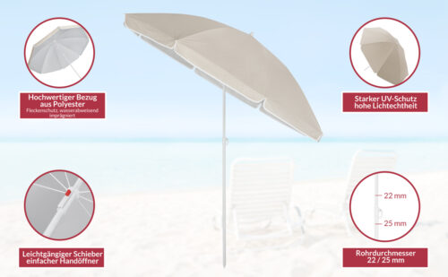 Umbrelă de soare bej Cyprus 180 cm, protecție UV 50+, funcție de înclinare