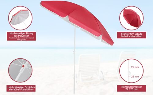 Umbrelă de soare roșie Cyprus 180 cm, protecție UV 50+, funcție de înclinare
