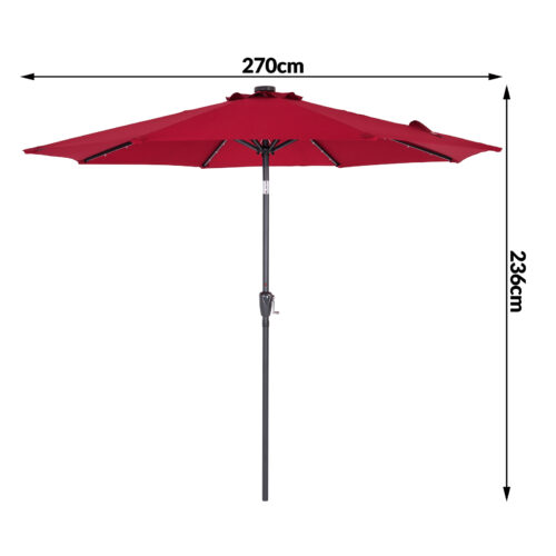 Umbrelă solară LED Miami, roșie, din aluminiu, Ø270cm, protecție UV 80+