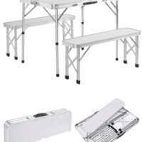 Set masa cu banci pliabile pentru camping, aluminiu alb