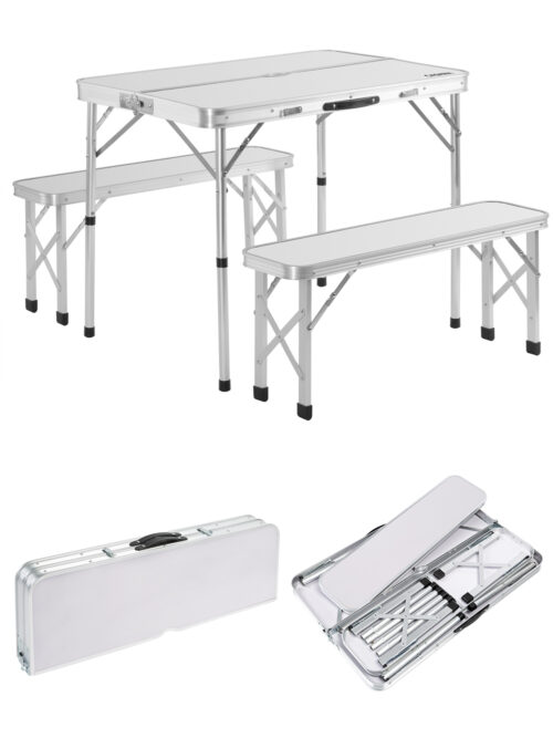 Set masa cu banci pliabile pentru camping, aluminiu alb