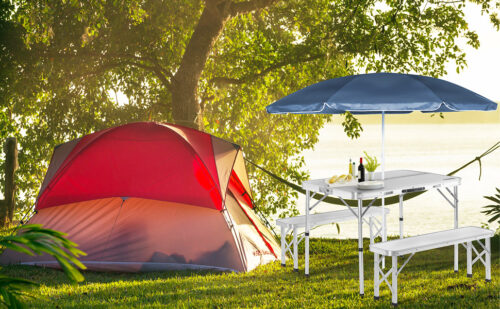 Set masa cu banci pliabile pentru camping, aluminiu alb