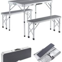 Set de scaune de camping din 3 piese, aluminiu gri, pliabil cu mâner, economisește spațiu