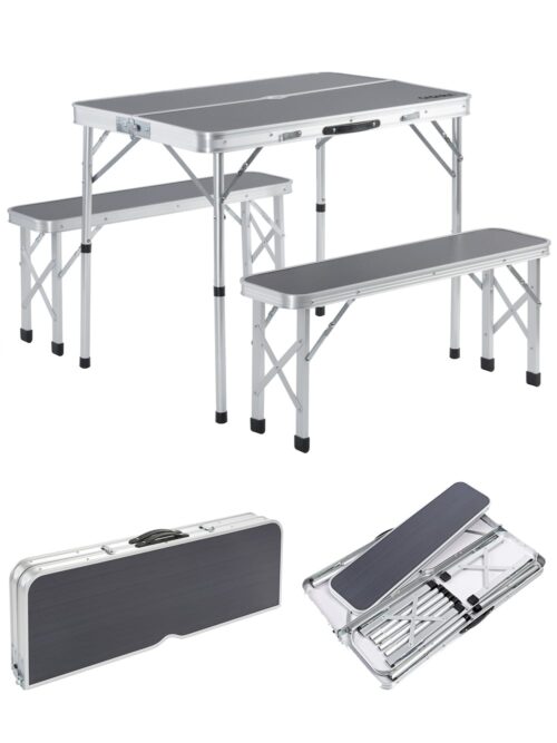 Set de scaune de camping din 3 piese, aluminiu gri, pliabil cu mâner, economisește spațiu