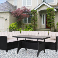 Set de lounge din poliratan negru/crem, blat de masă WPC